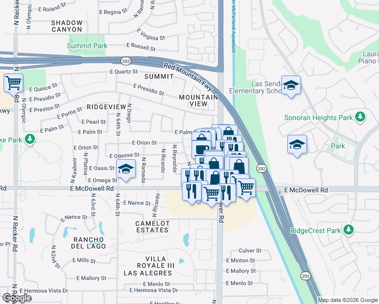 map of restaurants, bars, coffee shops, grocery stores, and more near 6620 East Orion Street in Mesa