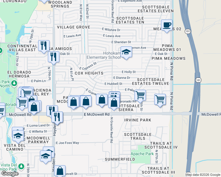 map of restaurants, bars, coffee shops, grocery stores, and more near 8409 East Hubbell Street in Scottsdale