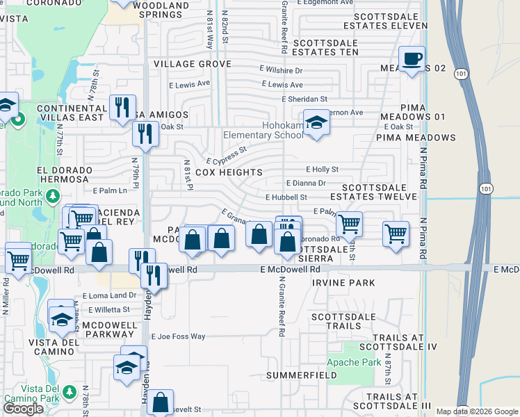 map of restaurants, bars, coffee shops, grocery stores, and more near 8332 East Hubbell Street in Scottsdale