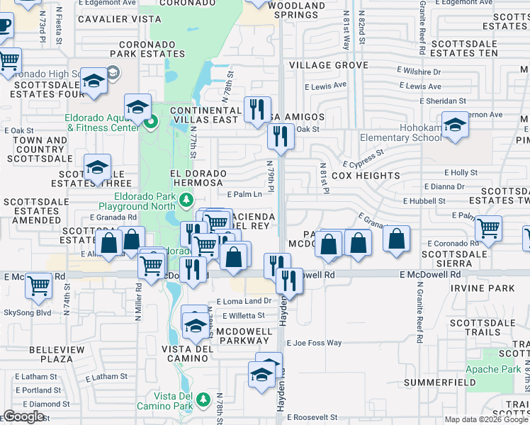 map of restaurants, bars, coffee shops, grocery stores, and more near in Scottsdale