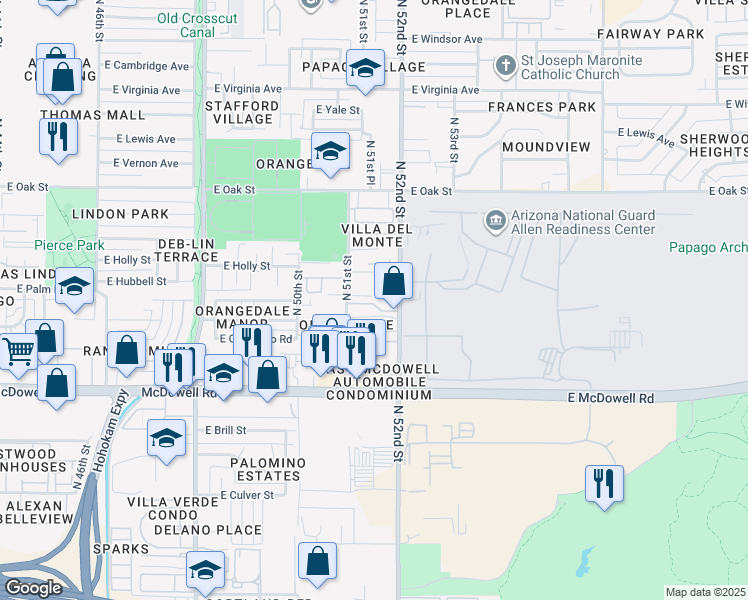 map of restaurants, bars, coffee shops, grocery stores, and more near 2001 North 51st Street in Phoenix