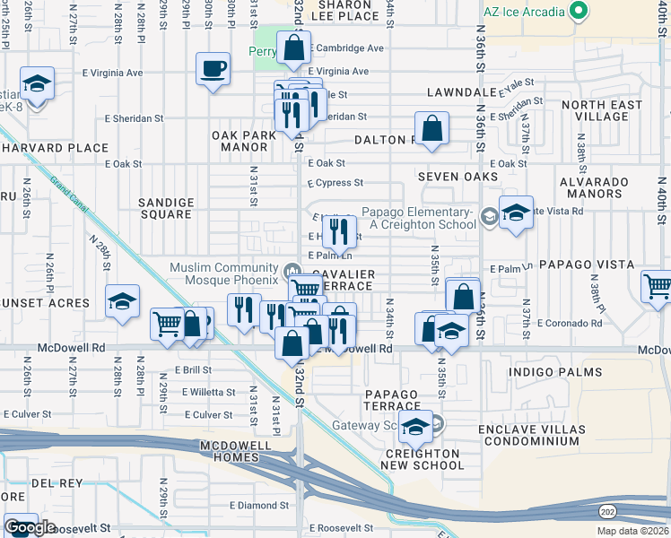 map of restaurants, bars, coffee shops, grocery stores, and more near 3246 East Palm Lane in Phoenix