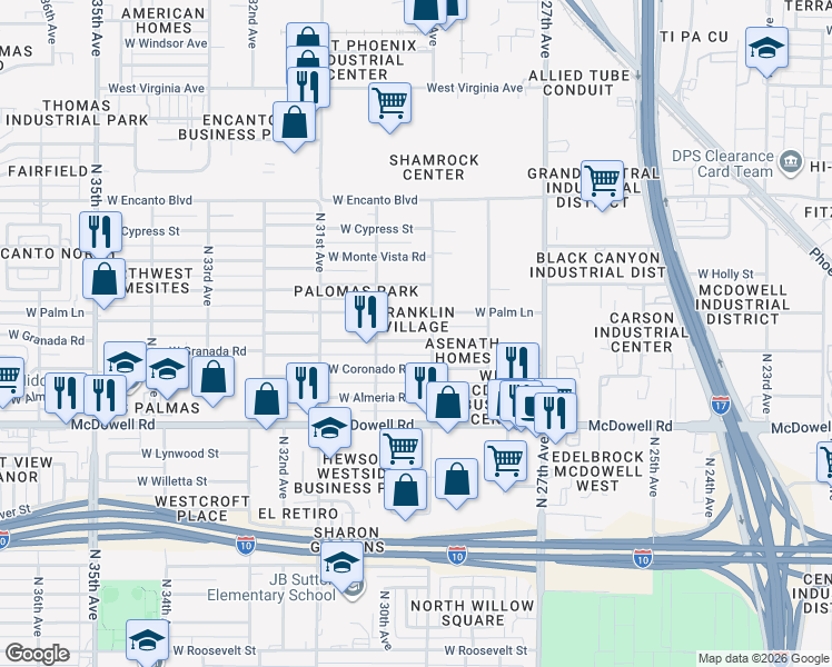 map of restaurants, bars, coffee shops, grocery stores, and more near 2915 West Palm Lane in Phoenix