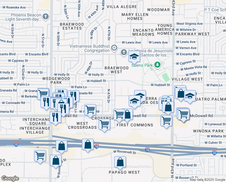 map of restaurants, bars, coffee shops, grocery stores, and more near 2002 North 47th Drive in Phoenix