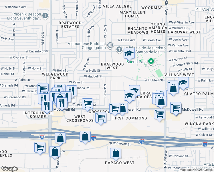 map of restaurants, bars, coffee shops, grocery stores, and more near 2002 North 47th Drive in Phoenix