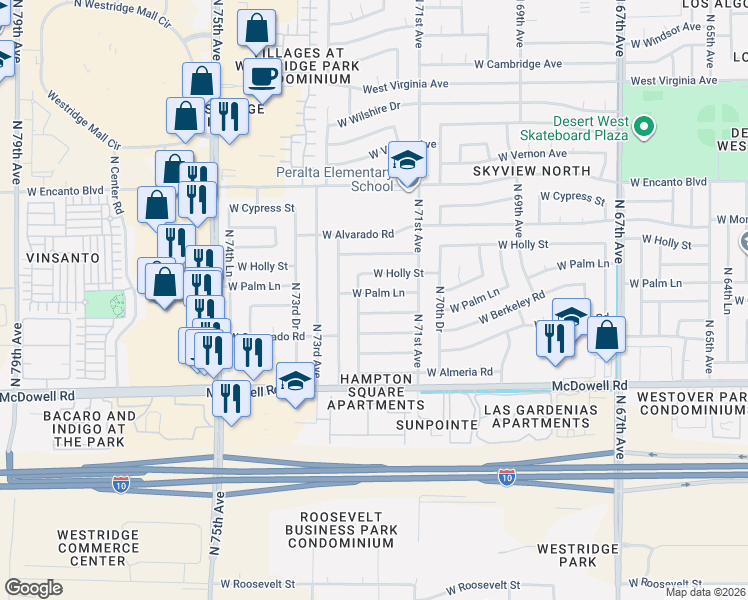 map of restaurants, bars, coffee shops, grocery stores, and more near 7133 West Holly Street in Phoenix