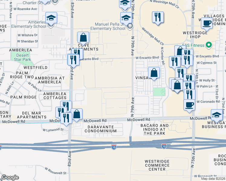 map of restaurants, bars, coffee shops, grocery stores, and more near 2121 North 83rd Avenue in Phoenix