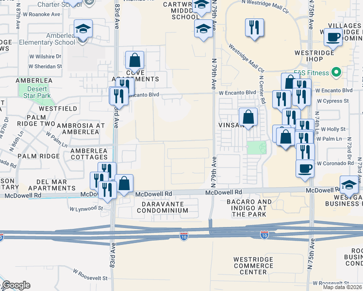 map of restaurants, bars, coffee shops, grocery stores, and more near 2121 North 83rd Avenue in Phoenix