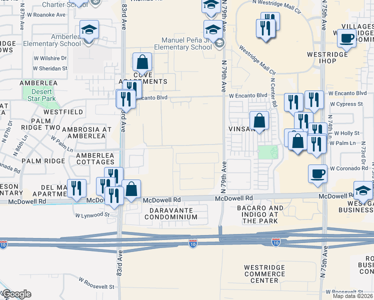 map of restaurants, bars, coffee shops, grocery stores, and more near 8100 West Palm Lane in Phoenix