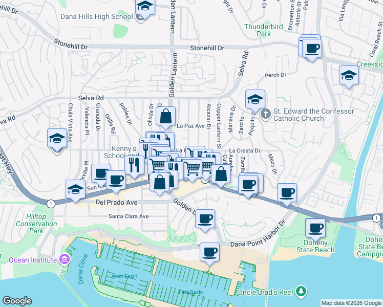 map of restaurants, bars, coffee shops, grocery stores, and more near 33962 Silver Lantern Street in Dana Point