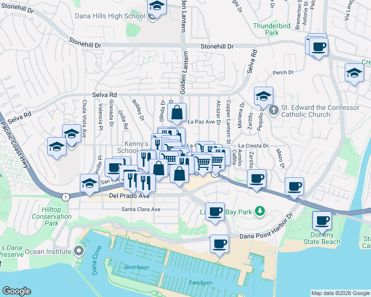 map of restaurants, bars, coffee shops, grocery stores, and more near 33926 Golden Lantern in Dana Point