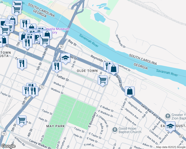 map of restaurants, bars, coffee shops, grocery stores, and more near 125 Ellis Street in Augusta