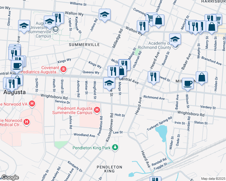 map of restaurants, bars, coffee shops, grocery stores, and more near 2164 Central Avenue in Augusta