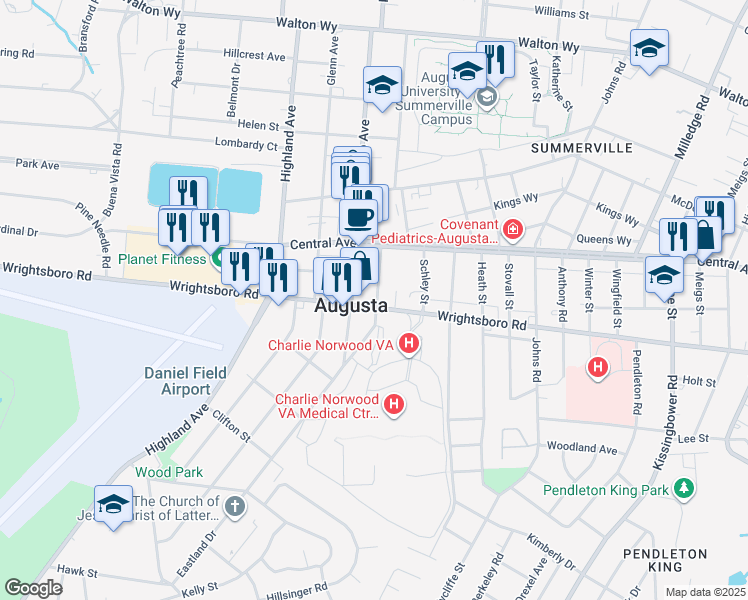 map of restaurants, bars, coffee shops, grocery stores, and more near 1541 Craig Street in Augusta