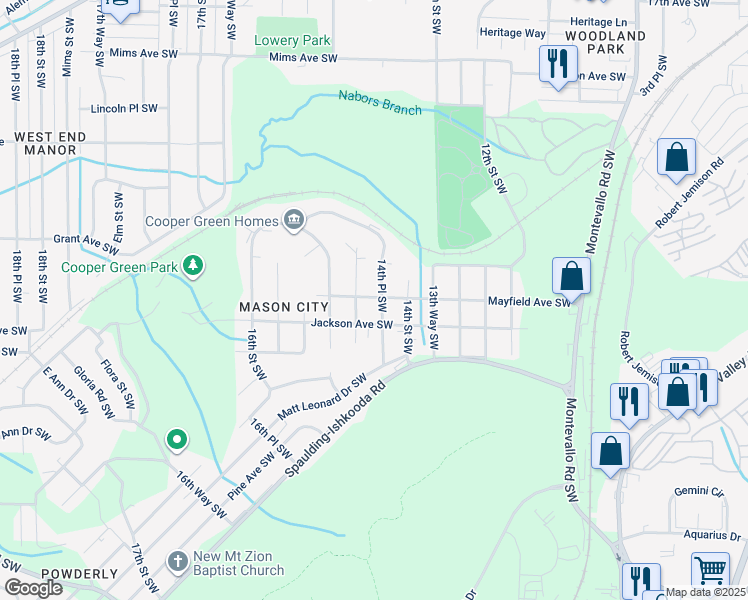 map of restaurants, bars, coffee shops, grocery stores, and more near 1817 14th Way Southwest in Birmingham