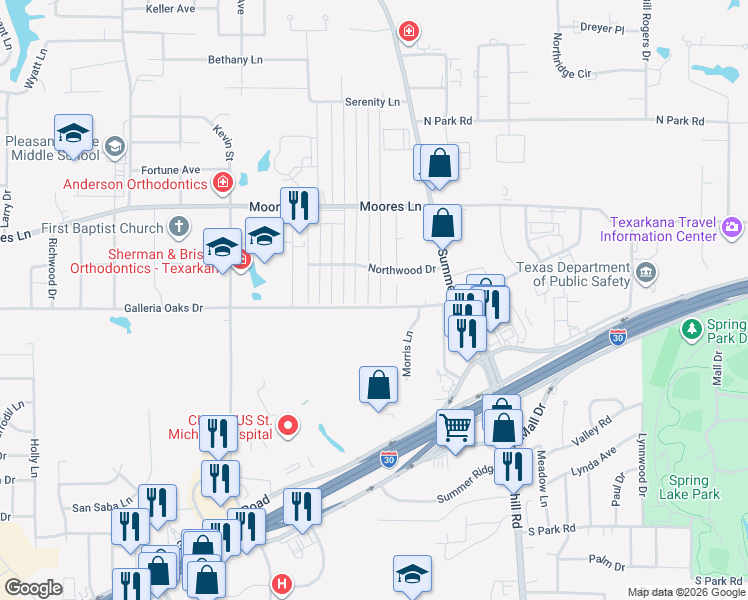 map of restaurants, bars, coffee shops, grocery stores, and more near 3A Fernwood Drive in Texarkana
