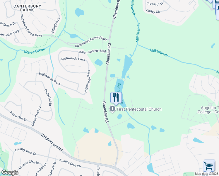 map of restaurants, bars, coffee shops, grocery stores, and more near 652 Chamblin Road in Grovetown
