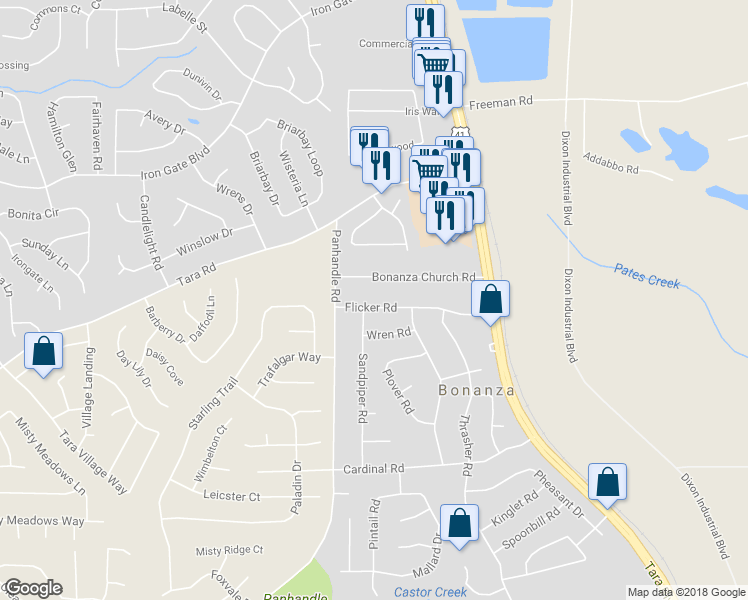 map of restaurants, bars, coffee shops, grocery stores, and more near 1550 Flicker Road in Jonesboro