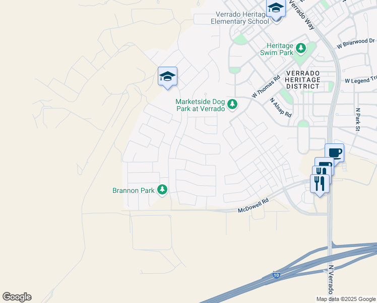 map of restaurants, bars, coffee shops, grocery stores, and more near 21238 West Palm Lane in Buckeye