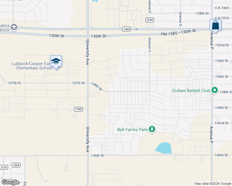 map of restaurants, bars, coffee shops, grocery stores, and more near 13801 Waco Avenue in Lubbock