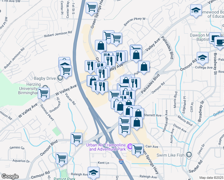 map of restaurants, bars, coffee shops, grocery stores, and more near 2732 Temple Crest Drive in Birmingham