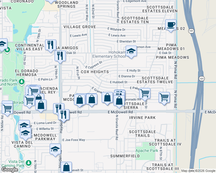 map of restaurants, bars, coffee shops, grocery stores, and more near 8332 East Hubbell Street in Scottsdale