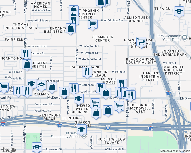 map of restaurants, bars, coffee shops, grocery stores, and more near 2915 West Palm Lane in Phoenix