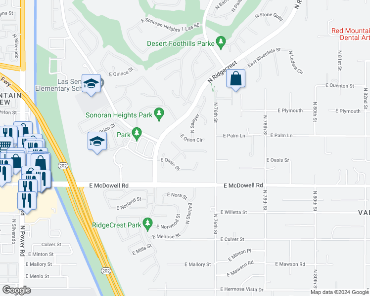 map of restaurants, bars, coffee shops, grocery stores, and more near 2947 North Avoca Circle in Mesa