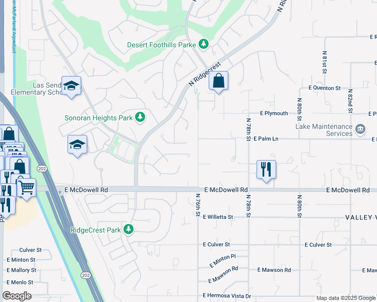 map of restaurants, bars, coffee shops, grocery stores, and more near 7534 East Odessa Circle in Mesa