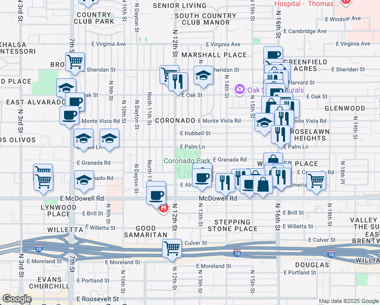 map of restaurants, bars, coffee shops, grocery stores, and more near 1717 North 12th Street in Phoenix