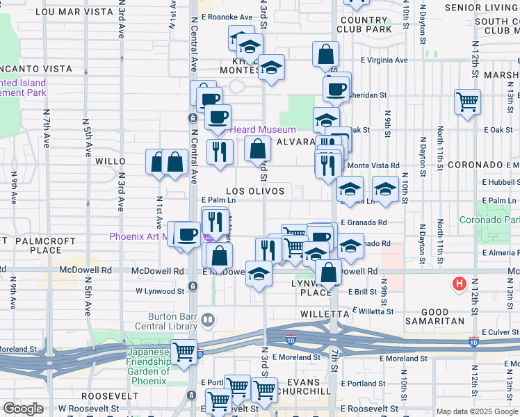 map of restaurants, bars, coffee shops, grocery stores, and more near 141 East Palm Lane in Phoenix