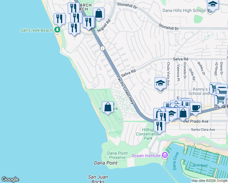 map of restaurants, bars, coffee shops, grocery stores, and more near in MONARCH BAY
