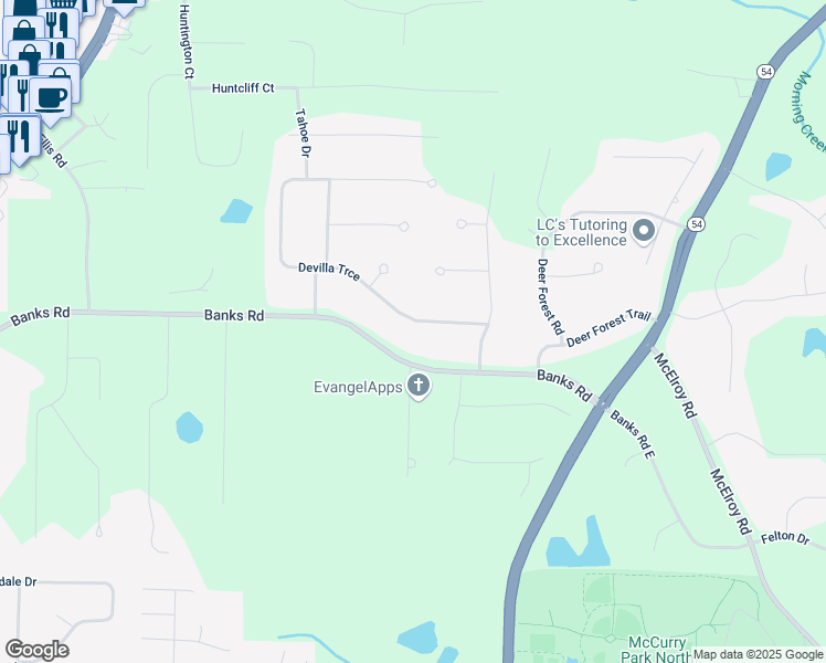 map of restaurants, bars, coffee shops, grocery stores, and more near 145 Devilla Trce in Fayetteville