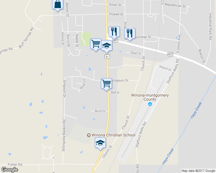 map of restaurants, bars, coffee shops, grocery stores, and more near U.S. 51 in Winona