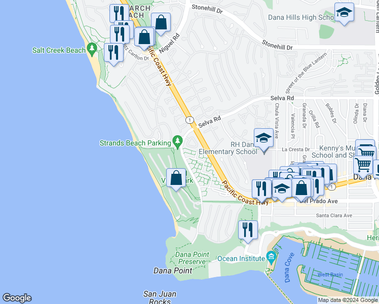 map of restaurants, bars, coffee shops, grocery stores, and more near 34006 Selva Road in Dana Point