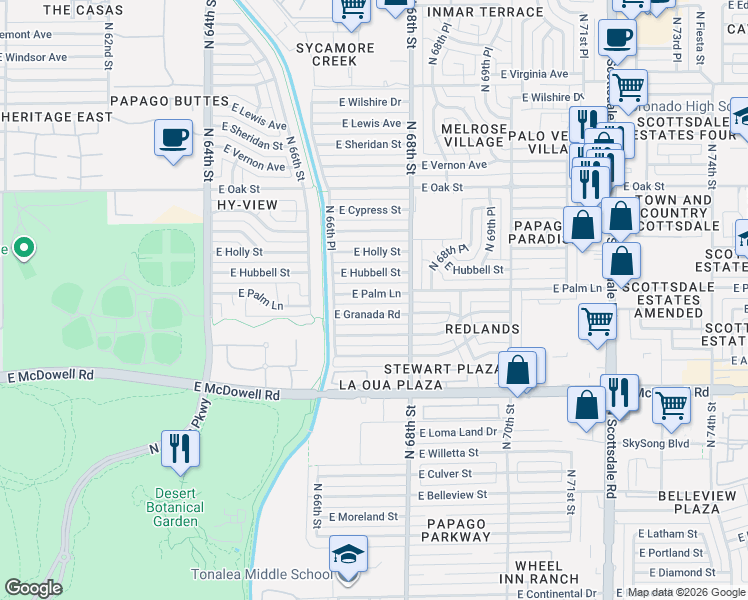 map of restaurants, bars, coffee shops, grocery stores, and more near 6720 East Palm Lane in Scottsdale