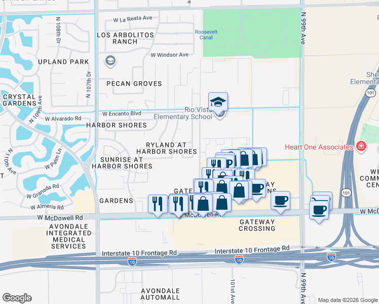 map of restaurants, bars, coffee shops, grocery stores, and more near 1929 North 103rd Lane in Avondale