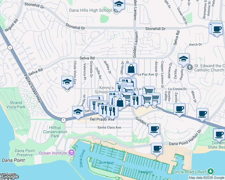 map of restaurants, bars, coffee shops, grocery stores, and more near 33961 Street of the Violet Lantern in Dana Point