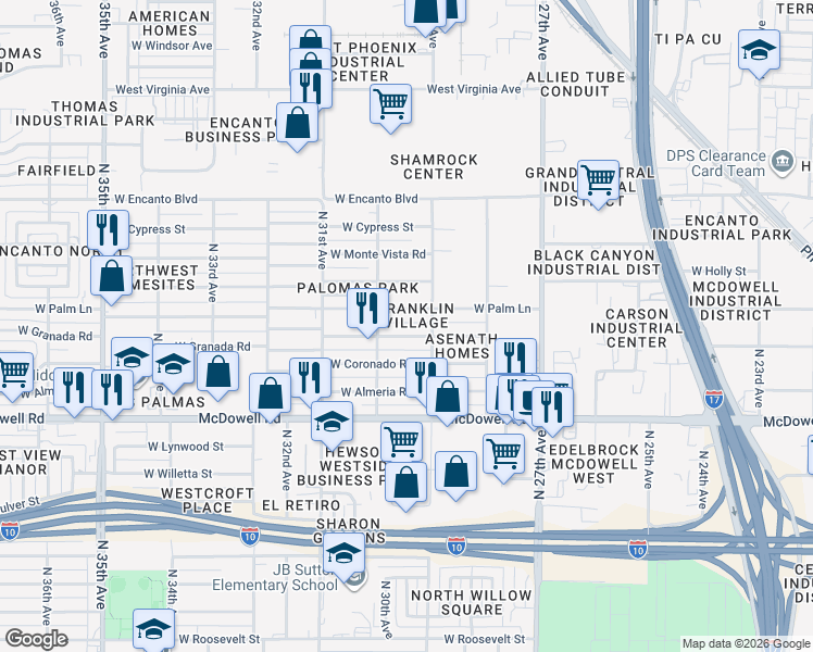map of restaurants, bars, coffee shops, grocery stores, and more near 2915 West Palm Lane in Phoenix