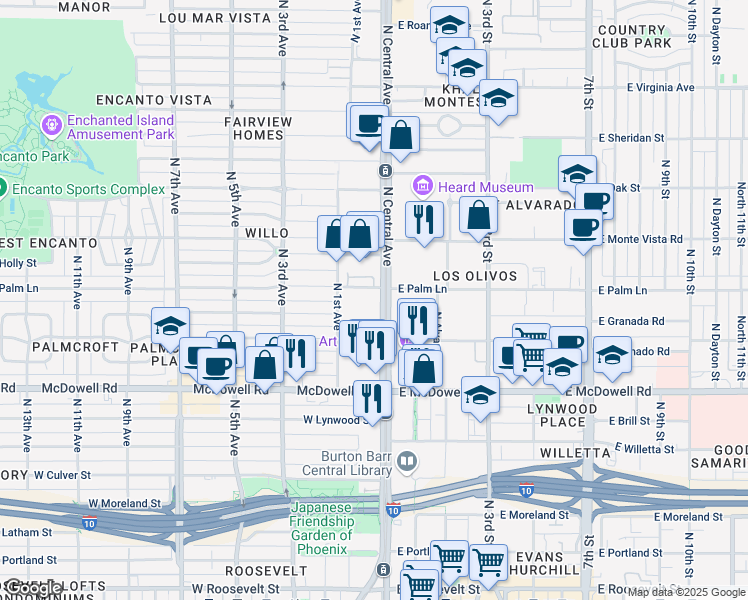 map of restaurants, bars, coffee shops, grocery stores, and more near 1850 North Central Avenue in Phoenix