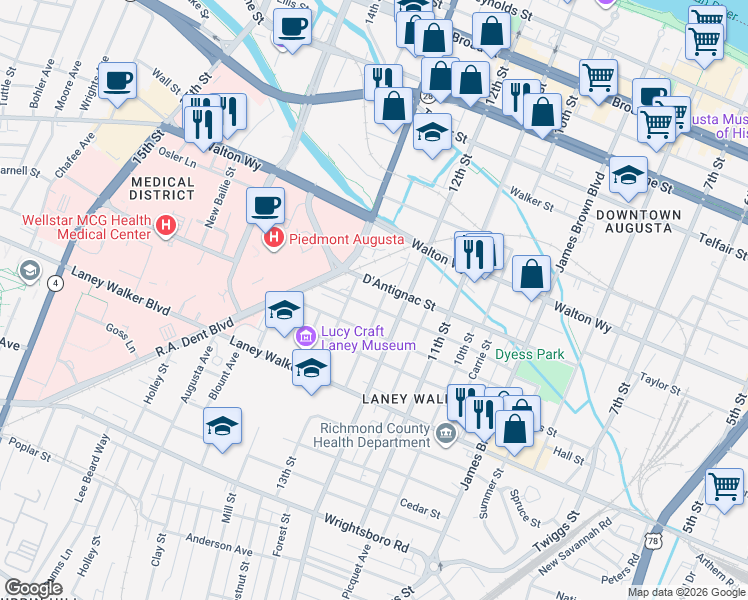 map of restaurants, bars, coffee shops, grocery stores, and more near 1218 D'Antignac Street in Augusta