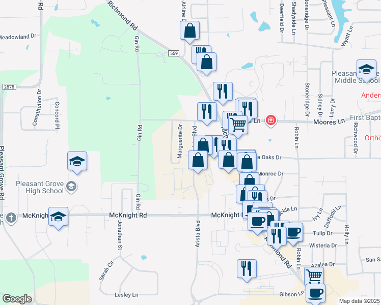 map of restaurants, bars, coffee shops, grocery stores, and more near 4414 Galleria Oaks Drive in Texarkana