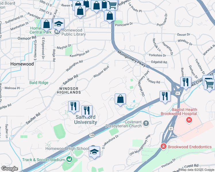 map of restaurants, bars, coffee shops, grocery stores, and more near 3800 Ridgeway Drive in Birmingham