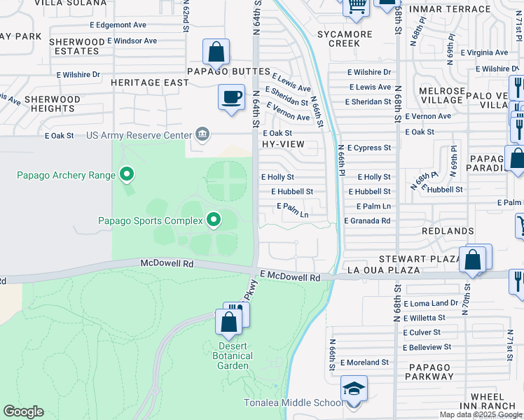 map of restaurants, bars, coffee shops, grocery stores, and more near 6402 East Palm Lane in Scottsdale