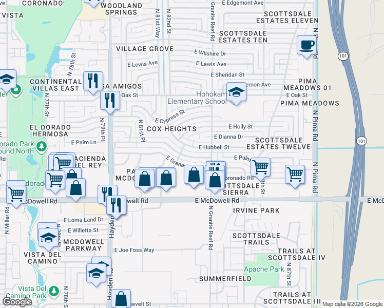 map of restaurants, bars, coffee shops, grocery stores, and more near 8332 East Hubbell Street in Scottsdale