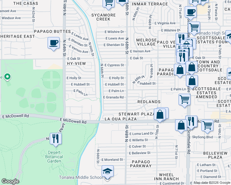 map of restaurants, bars, coffee shops, grocery stores, and more near 6720 East Palm Lane in Scottsdale