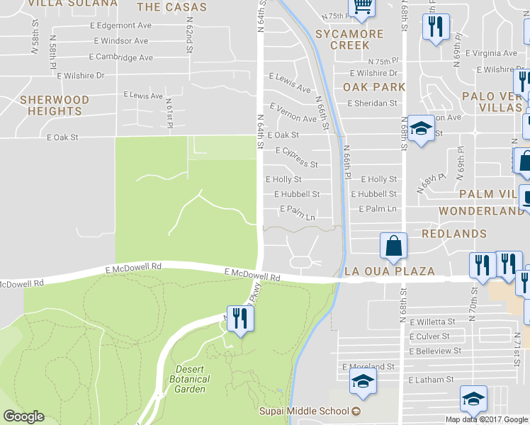 map of restaurants, bars, coffee shops, grocery stores, and more near 6402 East Palm Lane in Scottsdale