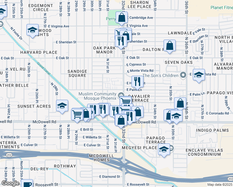 map of restaurants, bars, coffee shops, grocery stores, and more near 3130 East Palm Lane in Phoenix