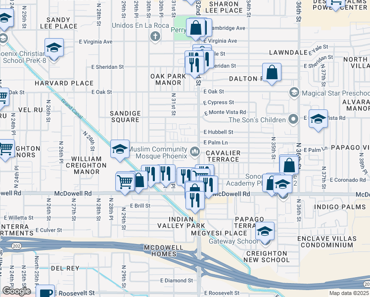 map of restaurants, bars, coffee shops, grocery stores, and more near 3130 East Palm Lane in Phoenix