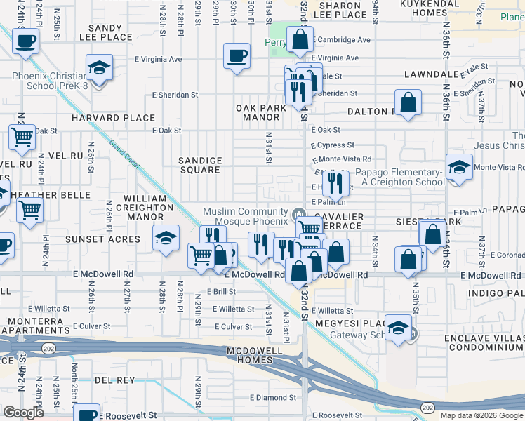 map of restaurants, bars, coffee shops, grocery stores, and more near 1919 North 31st Street in Phoenix